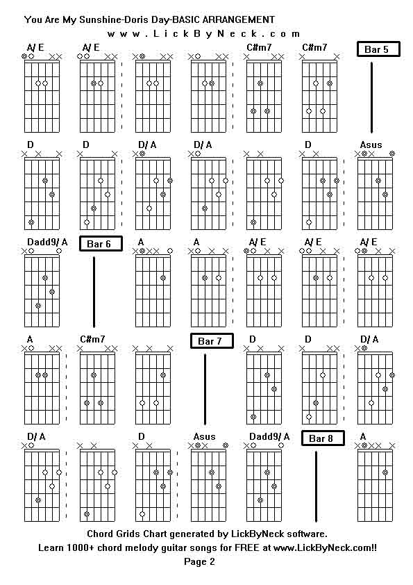 Chord Grids Chart of chord melody fingerstyle guitar song-You Are My Sunshine-Doris Day-BASIC ARRANGEMENT,generated by LickByNeck software.